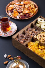 Assortment of dried fruits in gift box for Novruz holiday in Azerbaijan. Eastern spring equinox celebration nowruz