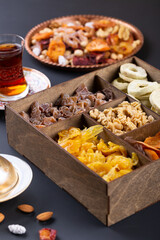 Assortment of dried fruits in gift box for Novruz holiday in Azerbaijan. Eastern spring equinox celebration nowruz
