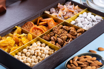 Assortment of dried fruits in gift box for Novruz holiday in Azerbaijan. Eastern spring equinox celebration nowruz