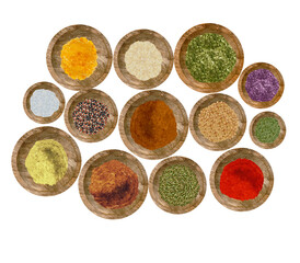 Watercolor dry kitchen spices in wooden bowl: pepper, chili, curcuma, ginger, cardamom, nutmeg