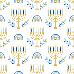 Hanukkah vector seamless pattern. Various object of Jewish festival of lights in flat style