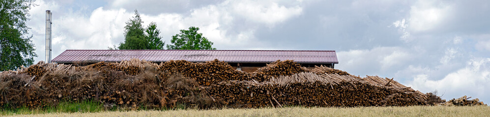 lumberyard behind a hall of a biomass heating system in the village of Harbach, Austria
