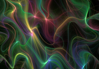 Abstract fractal art background of wavy glowing colorful lines.