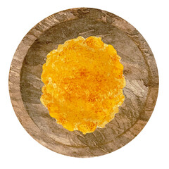 Watercolor orange turmeric powder in wooden bowl. Kitchen spices and herbs set.