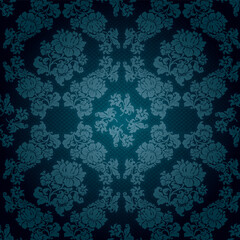 Ornamental lace blue background, flowers pattern