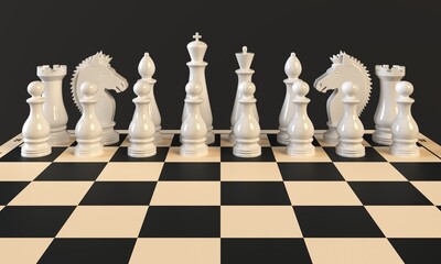 Chess Pieces on a Chess Board on a dark background. 3d rendering