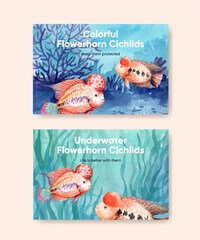 Facebook template with flower horn cichlid fish concept,watercolor style