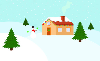 Cute winter house in  decorated with lights, Christmas trees and snowman. 
