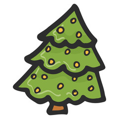 Merry Christmas. Christmas tree in doodle style on a white background. Vector illustration of a cute Christmas tree in cartoon style. Elements are isolated