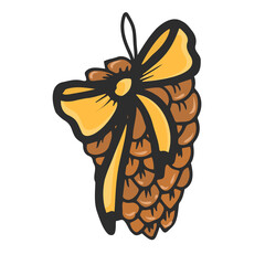 The cone in the form of a Christmas tree toy is tied with a yellow bow and ribbon. Holiday. On hand drawn, on white isolated background. Design for greeting cards, banners