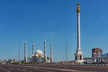 Fototapeta na wymiar The Kazakh country monument on Independence Square in the capital of Kazakhstan - the city of Astana