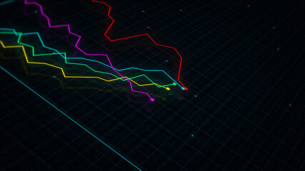 3D rendering of a tech-style digital income line graph against a high-tech grid background. Concept for presentations, advertising and showing profitability and statistics
