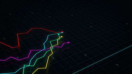 3D rendering of a tech-style digital income line graph against a high-tech grid background. Concept for presentations, advertising and showing profitability and statistics
