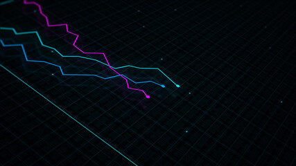 3D rendering of a tech-style digital income line graph against a high-tech grid background. Concept for presentations, advertising and showing profitability and statistics
