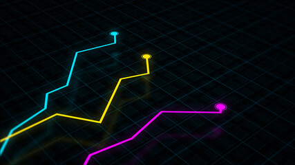 3D rendering of a tech-style digital income line graph against a high-tech grid background. Concept for presentations, advertising and showing profitability and statistics
