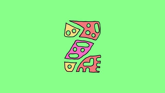 Letter Z. 4K video. Isolated on green screen background, chroma key. Doodle pattern on letter, 3 colors and black outline. Cartoon Animation, Shake twitch effect. Letter Z for kids, comics, game.