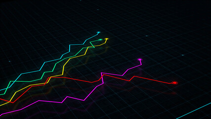 3D rendering of a tech-style digital income line graph against a high-tech grid background. Concept for presentations, advertising and showing profitability and statistics

