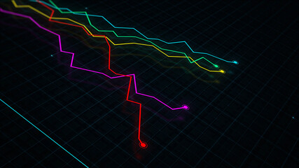 3D rendering of a tech-style digital income line graph against a high-tech grid background. Concept for presentations, advertising and showing profitability and statistics
