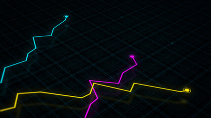 3D rendering of a tech-style digital income line graph against a high-tech grid background. Concept for presentations, advertising and showing profitability and statistics
