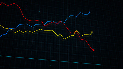 3D rendering of a tech-style digital income line graph against a high-tech grid background. Concept for presentations, advertising and showing profitability and statistics
