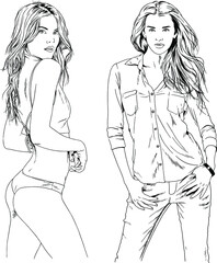 vector drawings on the theme of beautiful slim sporty girl in casual clothes in various poses painted ink hand sketch with no background	
