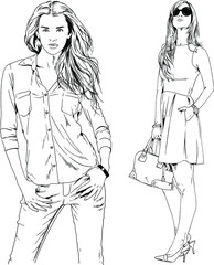 vector drawings on the theme of beautiful slim sporty girl in casual clothes in various poses painted ink hand sketch with no background	
