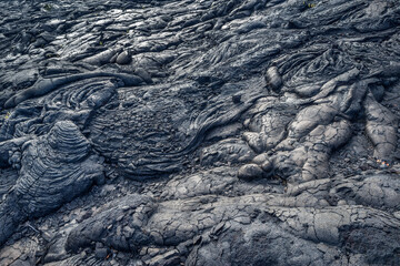 USA, Hawaii, Big Island of Hawaii. Hawaii Volcanoes National Park, Pahoehoe lava flow near Chain of...