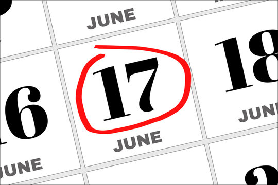 June 17th. Day 17 of month, Date marked with red circle to indicate importance on a calendar. summer month, day of the year concept.