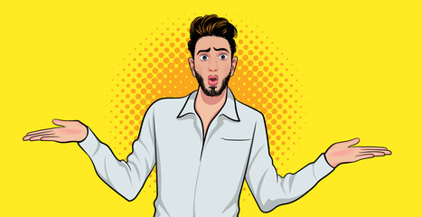 wondering man confused expression with arms and hands raised