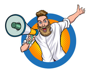 hipster man and megaphone In circle  pop art comics style.