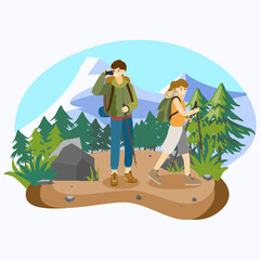 A boy and a girl with backpack trekking or hiking in mountain background.