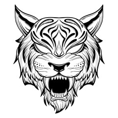 Tiger anger. Black tattoo. Vector illustration of a tiger head.