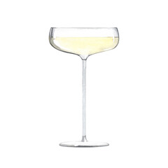 A glass of champagne on a high stem. New year cocktail. Watercolor illustrations on isolated white background.
