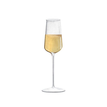 Glass of champagne. New year cocktail. Watercolor illustrations on isolated white background.