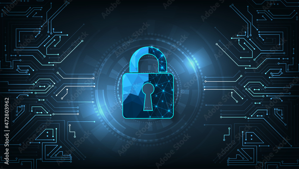 Poster Internet security and Data prevent concept.Security Padlock lock  icon on dark blue background.Technology for online data access defense against hacker and virus.Technology security concept. 
