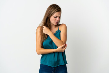 Young caucasian woman over isolated background with pain in elbow