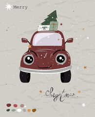 Vintage Christmas poster from New Collection. Cute Retro Delivery Car Scandinavian style.