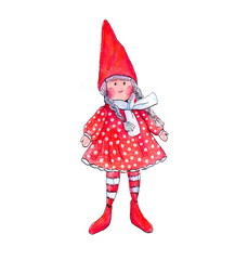 illustration of christmas toy girl in red dress with cap