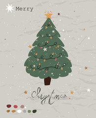 Vintage Christmas poster from New Collection. Cozy Christmas Tree Scandinavian style.