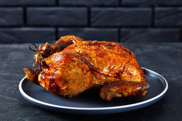 whole roast chicken, turkey on a plate