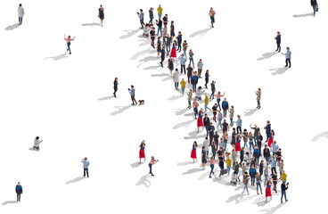 Aerial view of crowd of people standing in form of pointing arrow. Top view of men and women...