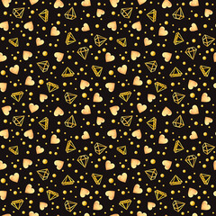 Seamless pattern with gold stars and hearts, diamonds. Watercolor clipart on dark background