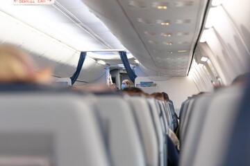 Yekaterinburg. Russia. 01.01.2021. the interior of the aircraft cabin of the Ural airlines Aeroflot. crowded cabin before takeoff
