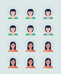 Different women face expressions semi flat color vector character avatar set. Portrait from front view. Isolated modern cartoon style illustration for graphic design and animation pack