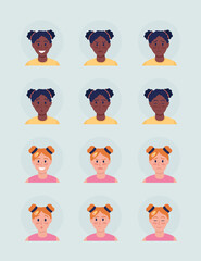 Different girls face expressions semi flat color vector character avatar set. Portrait from front view. Isolated modern cartoon style illustration for graphic design and animation pack