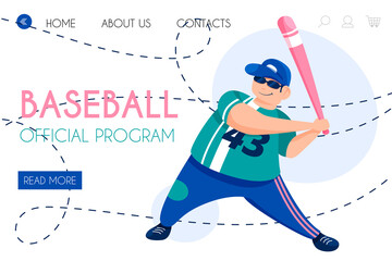 Baseball official program landing page template. Young baseball player vector cartoon character design.