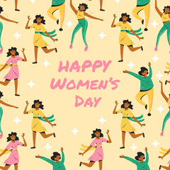 Happy womens day poster design with space for text. Vector illustration in cartoon style.