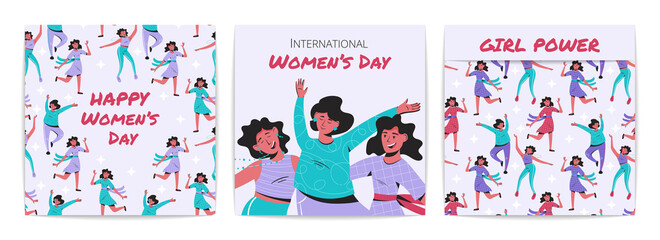 Set of three posters for international womens day. Vector cartoon illustration.