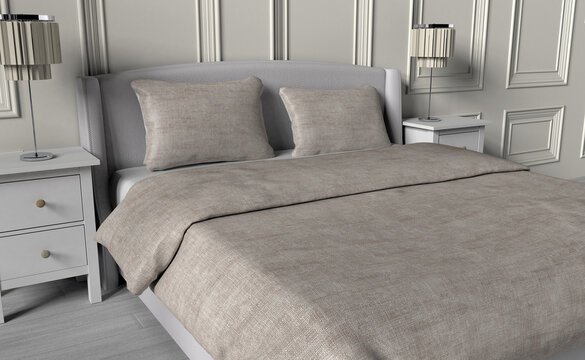 3d rendering, accessories, apartment, background, bed, bedding, bedroom, blanket, bright, comfort, comfortable, cushions, decor, decoration, design, detail, flat, floor, furniture, home, house, interi