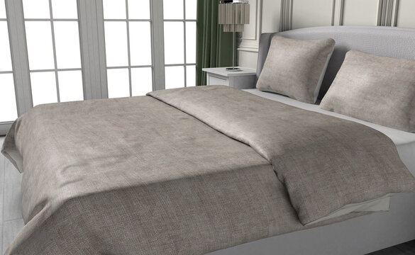 3d rendering, accessories, apartment, background, bed, bedding, bedroom, blanket, bright, comfort, comfortable, cushions, decor, decoration, design, detail, flat, floor, furniture, home, house, interi